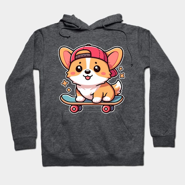 Kawaii Corgi Puppy on Skateboard Cute Dog Lover Hoodie by Cuteness Klub